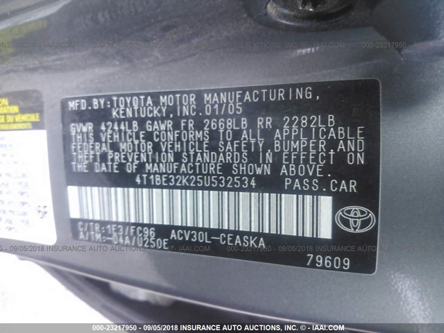 4T1BE32K25U532534 - 2005 TOYOTA CAMRY LE/XLE/SE Сұр фото 9