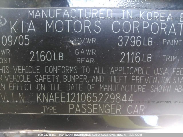 KNAFE121065229844 - 2006 KIA NEW SPECTRA LX/EX BLACK photo 9