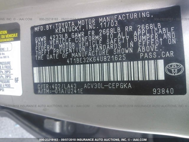 4T1BE32K64U821625 - 2004 TOYOTA CAMRY LE/XLE/SE Алтын фото 9