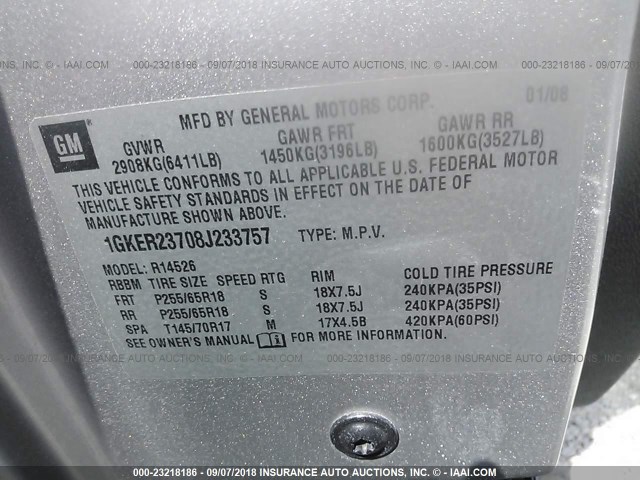 1GKER23708J233757 - 2008 GMC ACADIA SLT-1 Srebrny zdjęcie 9