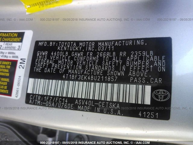 4T1BF3EK4BU211857 - 2011 TOYOTA CAMRY SE/LE/XLE SILVER photo 9