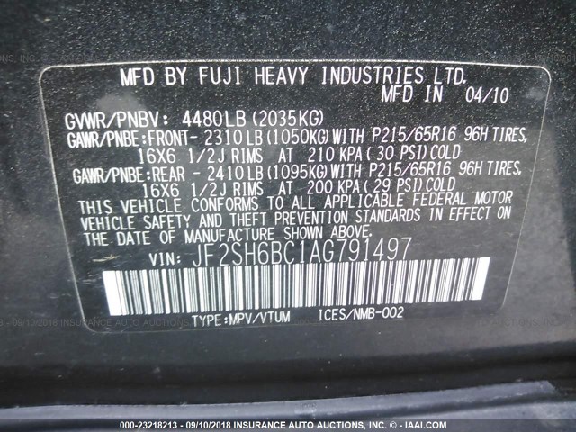 JF2SH6BC1AG791497 - 2010 SUBARU FORESTER XS Noir photo 9