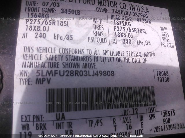 5LMFU28R03LJ49808 - 2003 LINCOLN NAVIGATOR Siyah fotoğraf 9