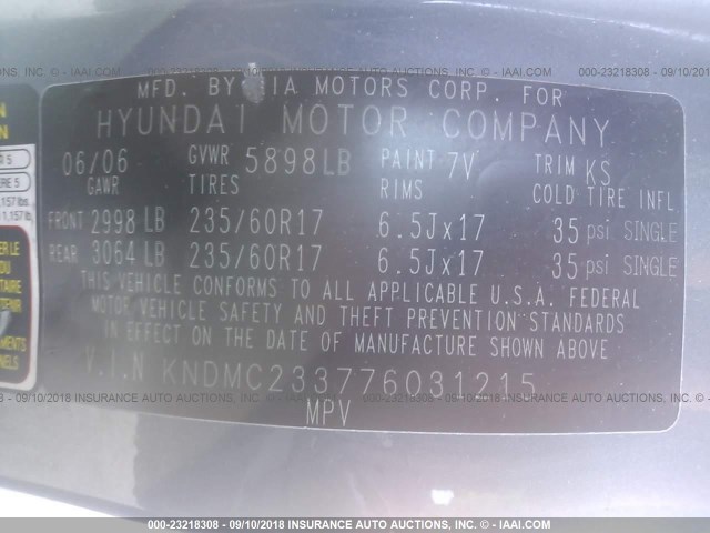 KNDMC233776031215 - 2007 HYUNDAI ENTOURAGE GLS/SE/LIMITED BLUE photo 9