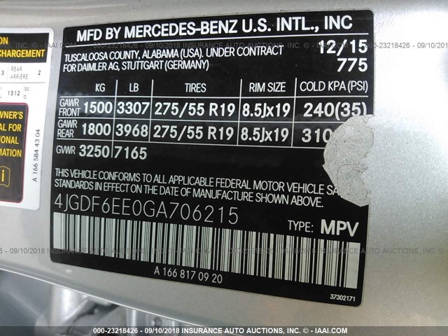 4JGDF6EE0GA706215 - 2016 MERCEDES-BENZ GL 450 4MATIC SILVER photo 9