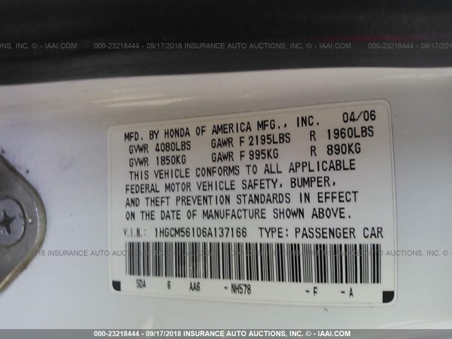 1HGCM56106A137166 - 2006 HONDA ACCORD VALUE WHITE photo 9