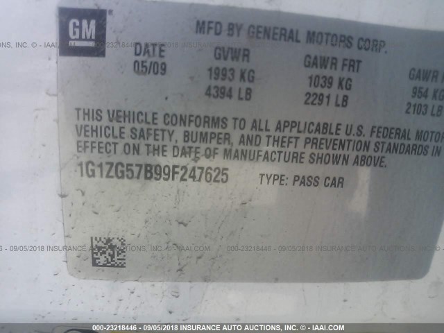 1G1ZG57B99F247625 - 2009 CHEVROLET MALIBU LS Ақ фото 9