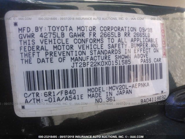 JT2BF22K0X0151585 - 1999 TOYOTA CAMRY LE/XLE GREEN photo 9
