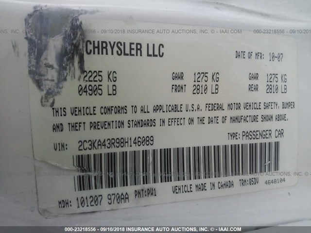 2C3KA43R98H146089 - 2008 CHRYSLER 300 LX WHITE photo 9