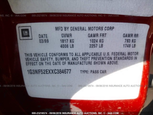 1G3NF52EXXC384677 - 1999 OLDSMOBILE ALERO GLS 红色 照片 9