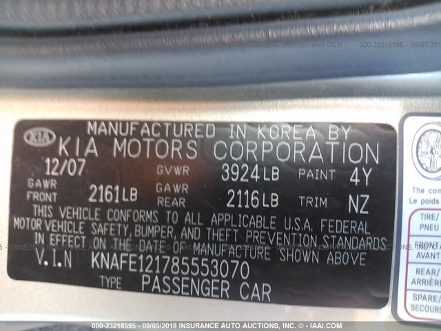 KNAFE121785553070 - 2008 KIA SPECTRA EX/LX/SX GOLD photo 9