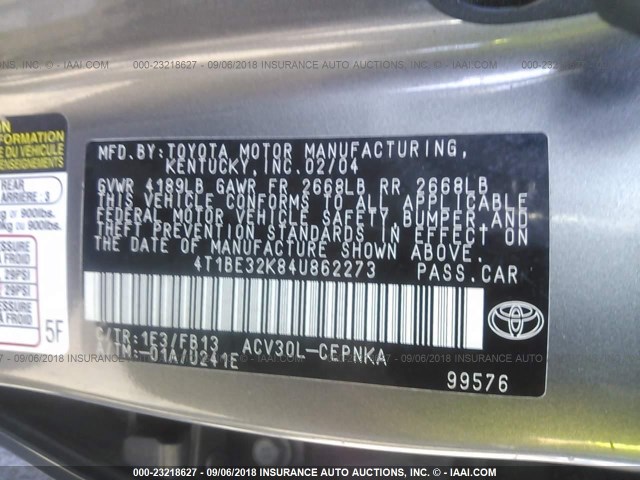 4T1BE32K84U862273 - 2004 TOYOTA CAMRY LE/XLE/SE Күміс фото 9