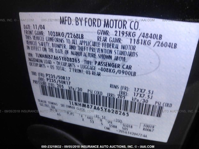 1LNHM87A65Y628265 - 2005 LINCOLN LS BLACK photo 9