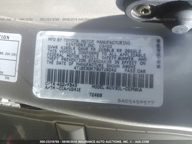 4T1BE30K73U719042 - 2003 TOYOTA CAMRY LE/XLE/SE Алтын фото 9