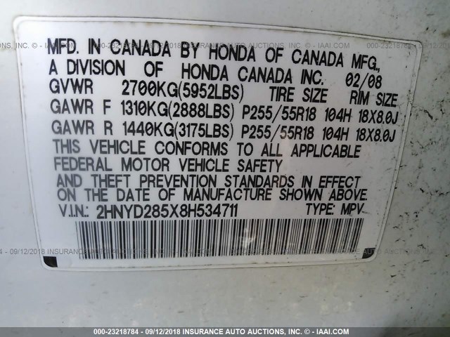 2HNYD285X8H534711 - 2008 ACURA MDX SPORT WHITE photo 9