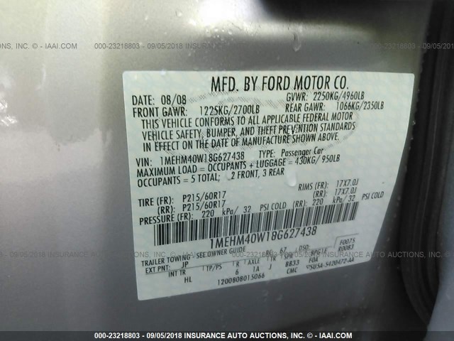 1MEHM40W18G627438 - 2008 MERCURY SABLE LUXURY SILVER photo 9