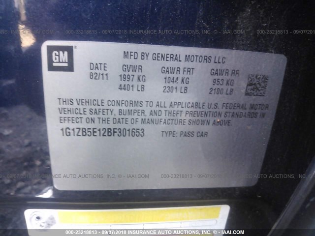 1G1ZB5E12BF301653 - 2011 CHEVROLET MALIBU LS 蓝色 照片 9