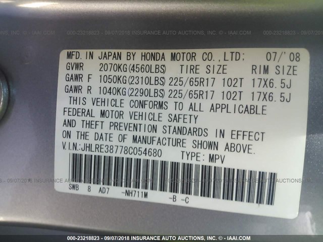 JHLRE38778C054680 - 2008 HONDA CR-V EXL SILVER photo 9