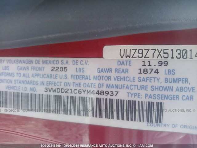 3VWDD21C6YM448937 - 2000 VOLKSWAGEN NEW BEETLE GLX 红色 照片 9