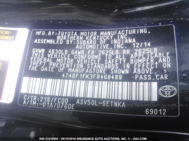 4T4BF1FK3FR468488 - 2015 TOYOTA CAMRY LE/XLE/SE/XSE 黑色 照片 9