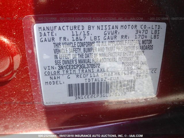3N1CE2CP3GL370572 - 2016 NISSAN VERSA NOTE S/S PLUS/SV/SL/SR MAROON photo 9