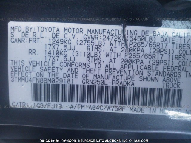 3TMMU4FN8BM029181 - 2011 TOYOTA TACOMA DOUBLE CAB LONG BED BLACK photo 9