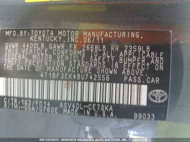 4T1BF3EK4BU742556 - 2011 TOYOTA CAMRY SE/LE/XLE 灰色 照片 9