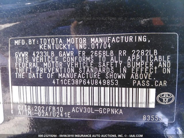 4T1CE38P64U849853 - 2004 TOYOTA CAMRY SOLARA SE/SLE Qara foto 9