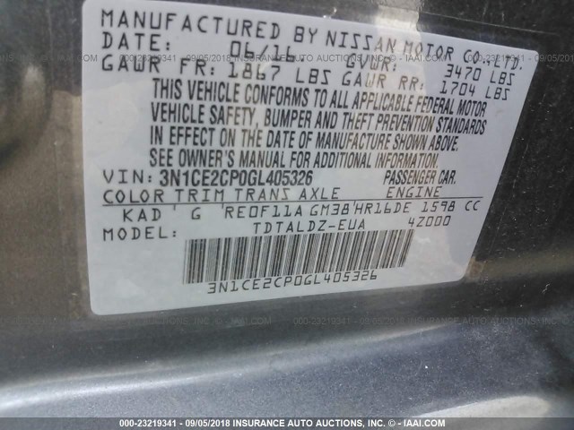 3N1CE2CP0GL405326 - 2016 NISSAN VERSA NOTE S/S PLUS/SV/SL/SR GRAY photo 9