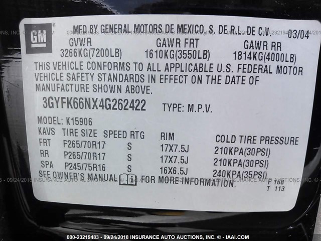 3GYFK66NX4G262422 - 2004 CADILLAC ESCALADE ESV BLACK photo 9