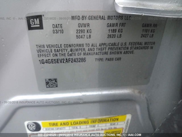 1G4GE5EV2AF243286 - 2010 BUICK LACROSSE CXS SILVER photo 9