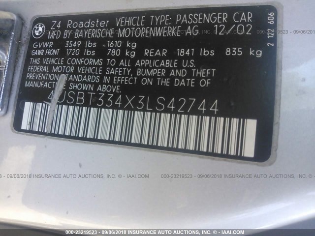 4USBT334X3LS42744 - 2003 BMW Z4 2.5 SILVER photo 9