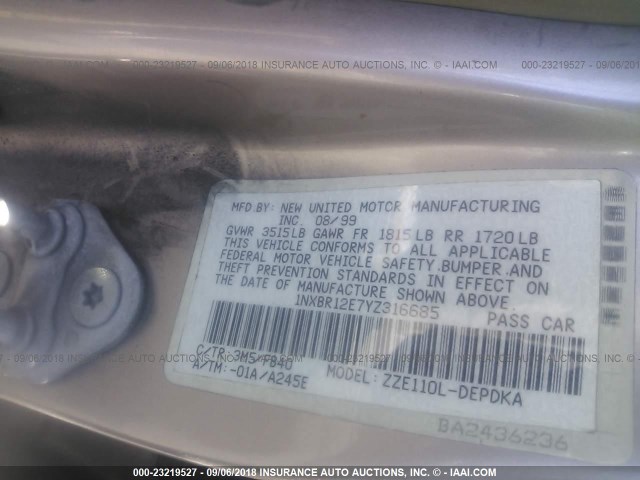 1NXBR12E7YZ316685 - 2000 TOYOTA COROLLA VE/CE/LE TAN photo 9