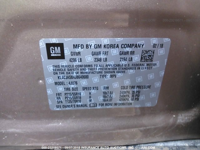 KL4CJASB4JB640680 - 2018 BUICK ENCORE PREFERRED Қоңыр фото 9