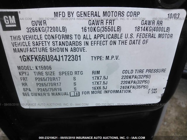 1GKFK66U84J172301 - 2004 GMC YUKON XL DENALI BLACK photo 9