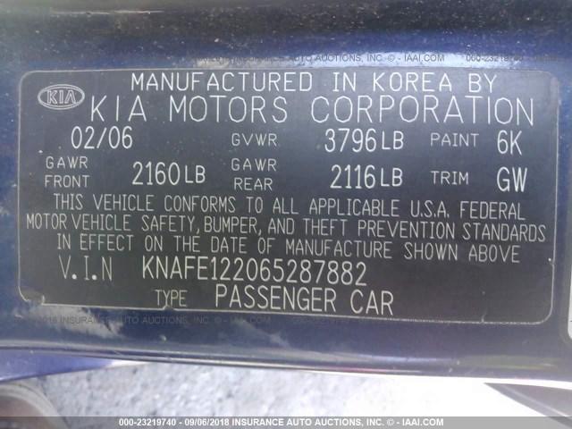 KNAFE122065287882 - 2006 KIA NEW SPECTRA LX/EX BLUE photo 9