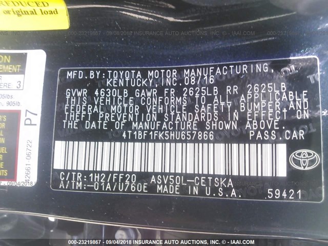 4T1BF1FK5HU657866 - 2017 TOYOTA CAMRY LE/XLE/SE/XSE 蓝色 照片 9