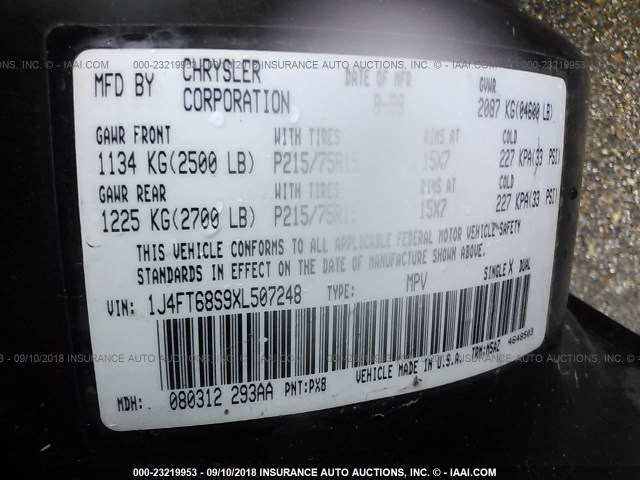 1J4FT68S9XL507248 - 1999 JEEP CHEROKEE SPORT/CLASSIC შავი ფოტო 9