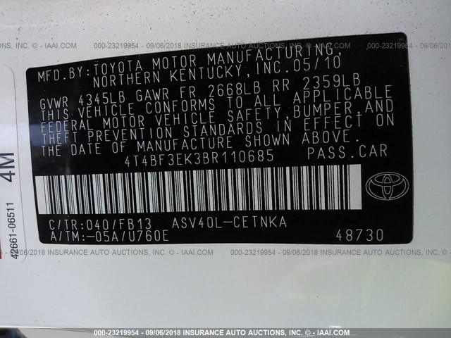 4T4BF3EK3BR110685 - 2011 TOYOTA CAMRY SE/LE/XLE თეთრი ფოტო 9