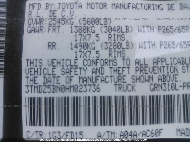 3TMDZ5BN0HM023736 - 2017 TOYOTA TACOMA DBL CAB/SR5/TRD SPORT/OR GRAY photo 9