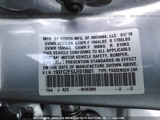 19XFC2F53JE018601 - 2018 HONDA CIVIC LX SILVER photo 9