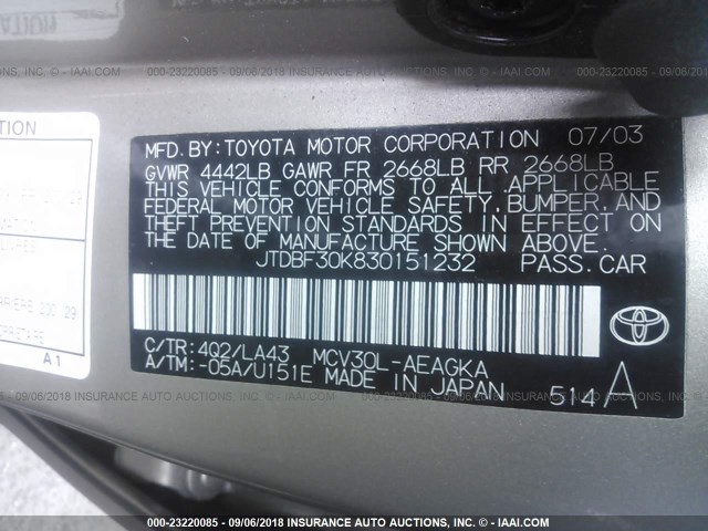 JTDBF30K830151232 - 2003 TOYOTA CAMRY LE/XLE GOLD photo 9