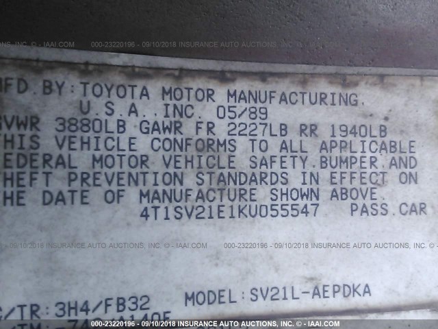 4T1SV21E1KU055547 - 1989 TOYOTA CAMRY DLX MAROON photo 9