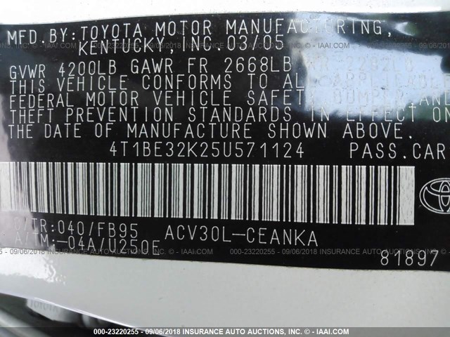 4T1BE32K25U571124 - 2005 TOYOTA CAMRY LE/XLE/SE 白色 照片 9