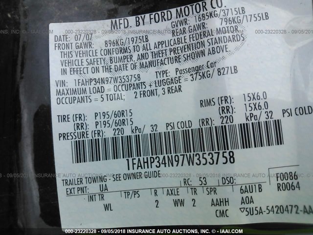 1FAHP34N97W353758 - 2007 FORD FOCUS ZX4/S/SE/SES 黑色 照片 9