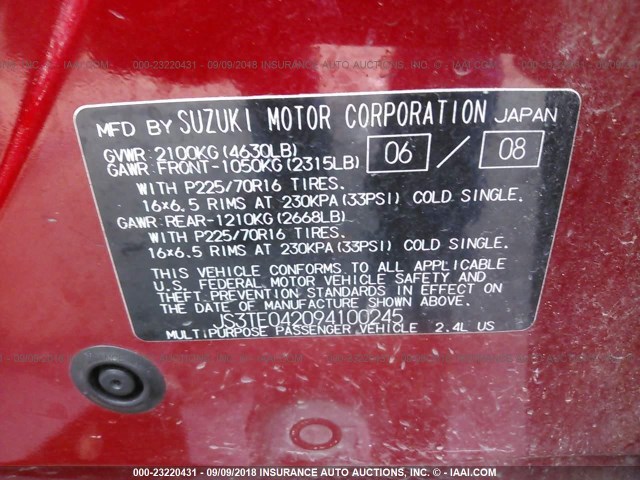 JS3TE042094100245 - 2009 SUZUKI GRAND VITARA  RED photo 9