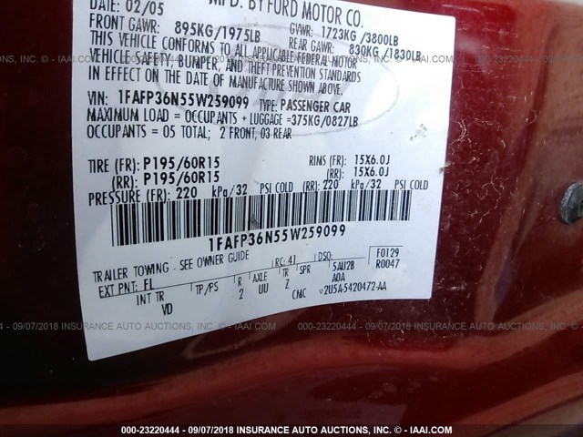 1FAFP36N55W259099 - 2005 FORD FOCUS ZXW MAROON photo 9