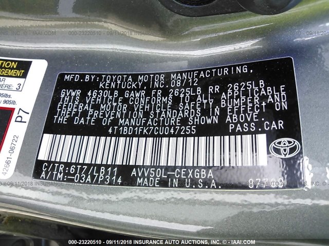 4T1BD1FK7CU047255 - 2012 TOYOTA CAMRY HYBRID/LE/XLE 绿色 照片 9