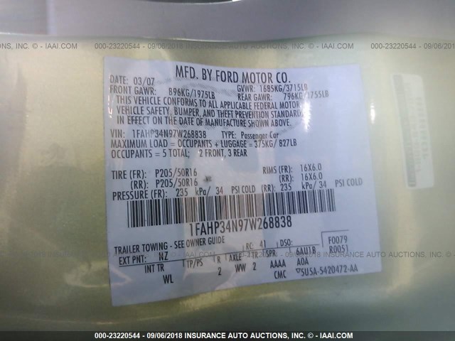 1FAHP34N97W268838 - 2007 FORD FOCUS ZX4/S/SE/SES GREEN photo 9