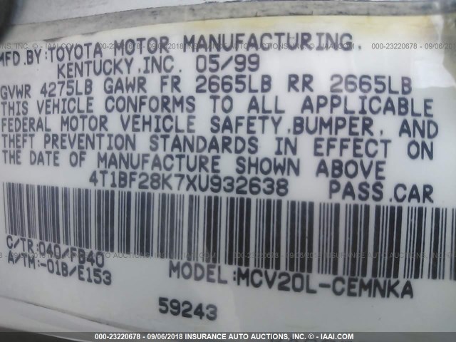 4T1BF28K7XU932638 - 1999 TOYOTA CAMRY LE/XLE 白色 照片 9
